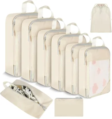 Imagen del producto de Cubos organizadores con compresión, juego de 9 piezas, color beige, para equipaje de viaje