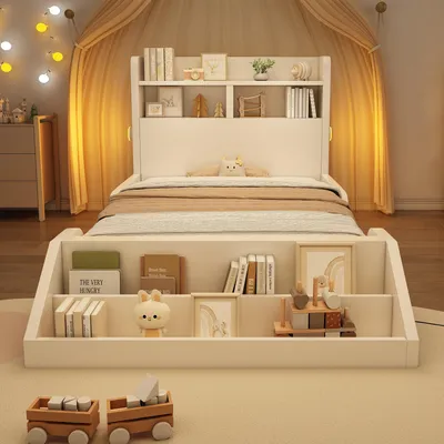 Immagine prodotto di Letto singolo per bambini Merax, 90x200 cm, con ripiano e luci notturne, letto in legno con libreria rimovibile, letto per adolescenti in legno massello con rete a doghe, bianco