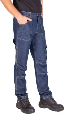 A person wearing work pants and boots, shown from the waist down.