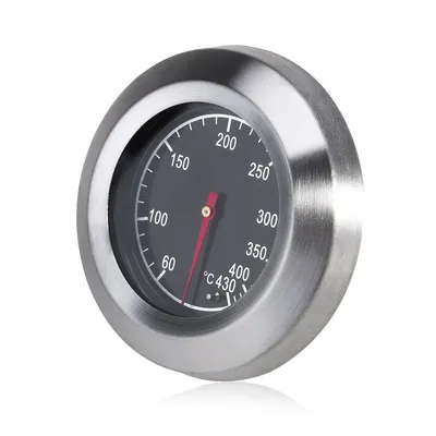 Close-up view of a dial thermometer.