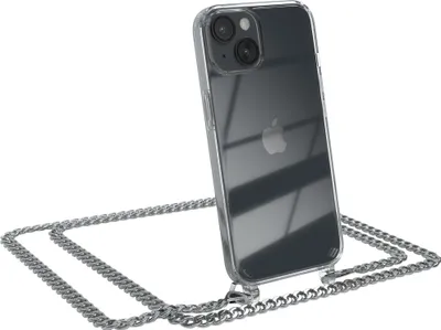 Produktbild von EAZY CASE Metall Handykette für Apple iPhone 14, Handyhülle mit Umhängeband, Silikonhülle, Metallkette für Smartphone in Silber