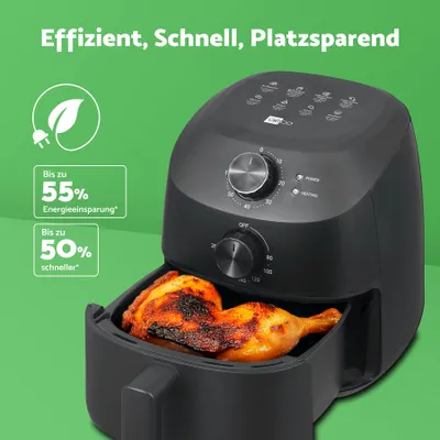 An air fryer with chicken in the basket, set against a green background with promotional text.