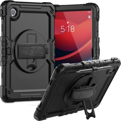 A black protective case for a tablet is shown from multiple angles, with one angle displaying the tablet screen.