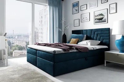 Produktbild von Polsterbett mit gestepptem Kopfteil SUSANA – 120x200, Blau + GRATIS Topper
