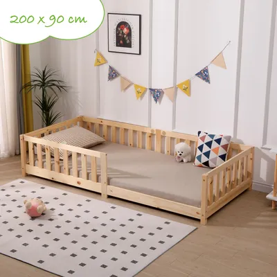 Produktbild von Kinderbett mit Rausfallschutz inkl. Lattenrost | 90 x 200 cm | Natur | Kiefernholz  - Massivholz | für Mädchen und Jungs | Kinderbetten