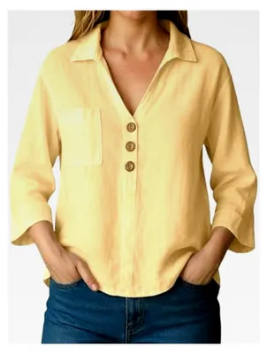 Produktbild von Damen Henley Shirts 3/4 Ärmel Leinen Tunika Tops mit Brusttasche und Knopfleiste