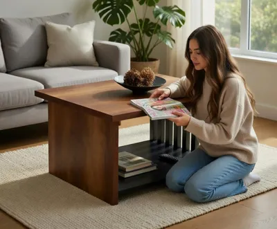 Image de Table basse en bois et métal avec étagère ouverte