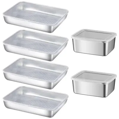 Produktbild von Set mit 6 Edelstahl-Vorratsdosen für den Kühlschrank, großem Vorratsbehälter mit Deckel, Käsebox, Wurstaufbewahrung, Gefrierbehälter für die Küche