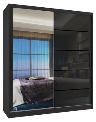 Image de BELINI Verona MGB, armoire coulissante de 133 cm, noire, finition haute brillance - Armoire avec miroir et 2 tiroirs, idéale pour la chambre