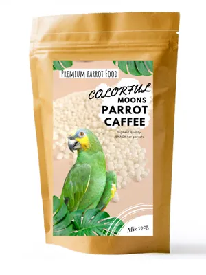 A bag of parrot food with a parrot on the front.