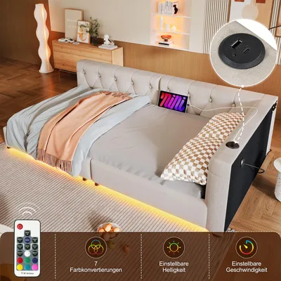 Produktbild von Schlafsofa, Daybett, Tagesbett, 90x200cm, Schlafsofa mit Lattenrost (ohne Matratze), Ambientebeleuchtung mit Fernbedienung, Kopfteil mit Knopftuft, Usb+Typ-c, Leinen, Beige