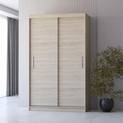 A light wood tone sliding door wardrobe is shown in a room with a textured wall and a plant.