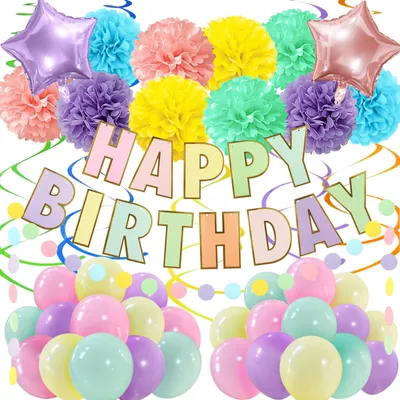 Produktbild von Geburtstags-Dekorationsset - Banner mit Pompoms, Papiergirlande, Wimpeln, Spiralen und Luftballons - für Feierlichkeiten