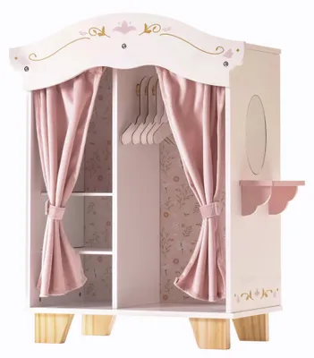 Hölzerner Puppenschrank mit 5 Bügeln, Spiegel, Vorhängen, 38 cm