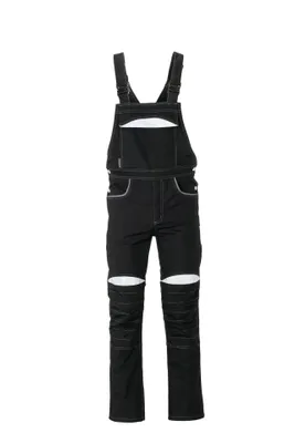 A pair of black overalls with white stitching and white knee patches, presented on a white background.