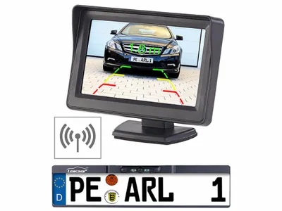 Obrázok produktu pre Rádiová cúvacia kamera Lescars 10,9 cm TFT monitor Pomocník pri cúvaní v poznávacej značke