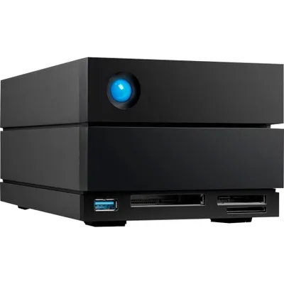 A black LaCie 2big Dock V2 external hard drive is shown against a white background.