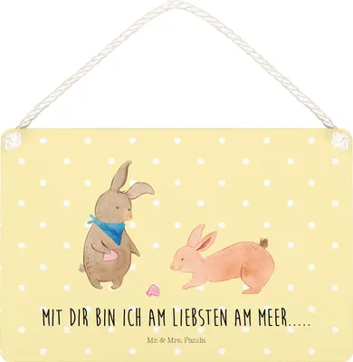 Produktbild von Mr. & Mrs. Panda Schild Hasen Muschel DIN A4 - Gelb Pastell - Geschenk, Freundinnen, wandtafel, Muttertag, BFF, Strand, Türschild, Holzschild, Meer, Wandbild Holz