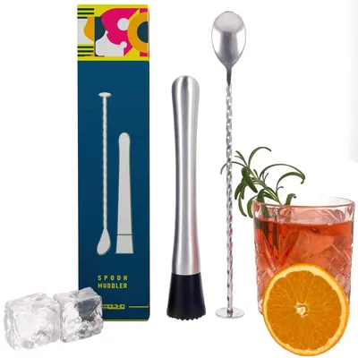 Immagine prodotto di Pestello muddler cocktail - Cucchiaio da bar - Acciaio inox - 20,5 cm pestello e 25,5 cm cucchiaio