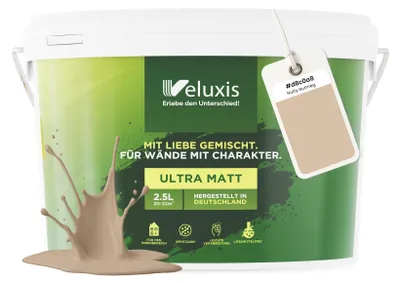 Produktbild von Wandfarbe Beige Gold Creme Matt Innenfarbe – Deckkraft Klasse 1, VOC-frei, Ohne Grundierung, Tropfarm – Wohnzimmer & Schlafzimmer – 2,5L – Veluxis (Nutty Nutmeg)