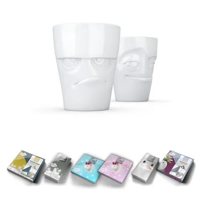 Produktbild von Fiftyeight Becher Set Nr. 1 grummelig + verschmitzt + Servietten OHNE HENKEL weiß