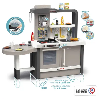 Produktbild von Smoby Evo Spielküche, höhenverstellbar, Backofen, Kühlschrank, Herd mit Sprudelwasserfunktion, Spüle mit Pumpfunktion, Kunststoff, Braun Grau, 118 x 44 x 101 cm, 40 Zubehörteile, ab 3 Jahren, 3x AAA Batterien