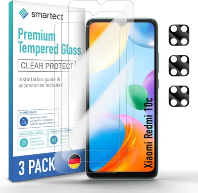 A product package for screen protectors and camera protectors for a Xiaomi Redmi 10c phone.