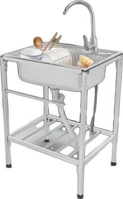 Immagine prodotto di Lavabo freestanding, acciaio inox 304, dimensioni vasca 60 x 45 cm, portata 60 kg, rubinetto acqua calda e fredda, diametro scarico 110 mm