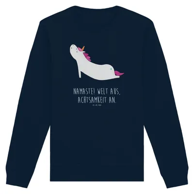 Produktbild von Mr. & Mrs. Panda Bio Baumwoll Pullover Einhorn Yoga Größe L - French Navy - Geschenk, Namaste, Unicorn, Sport, Sweatshirt, Entspannung, Sweater, Pulli, Einhörner