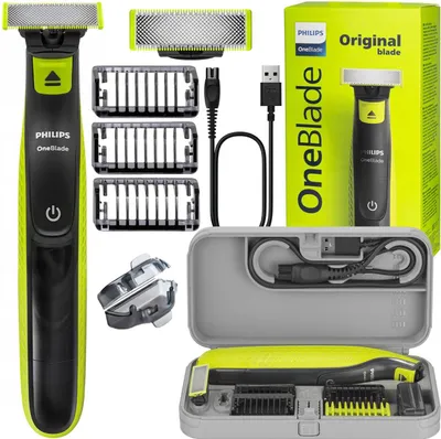 A collection of Philips OneBlade grooming products and accessories laid out on a white background.