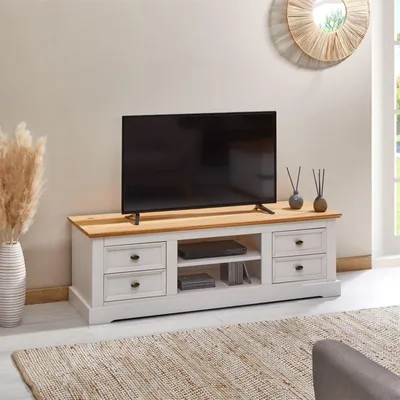 Produktbild von Lowboard KENT für 65" TV in weiß / Eiche farben aus Massivholz, schöner Fernsehschrank, praktisches Hifi-Möbel mit 4 Schubladen, attraktives TV Sideboard mit zwei Nischen