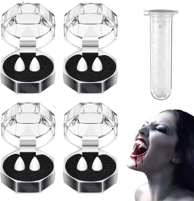 Productafbeelding van 4 paar Halloween vampiertanden met lijm - Herbruikbare vampiertanden voor Halloween - Feest - Cosplay - Gunsten - Rekwisiet