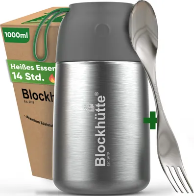 Produktbild von Blockhütte Edelstahl Thermobehälter isoliert I 1l, 730ml, 530ml I Mit Bürste & Spork I Thermo Lunchbox für Erwachsene & Kinder I Thermobecher Müsli