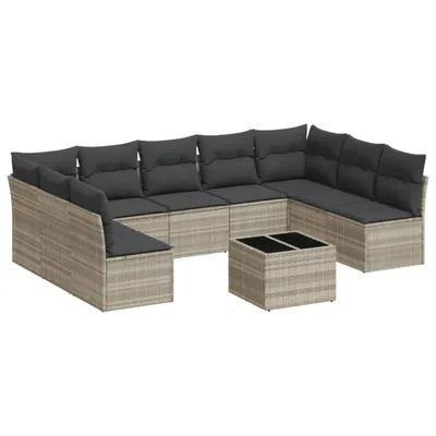 Produktbild von 10-tlg. Garten-Sofagarnitur mit Kissen Hellgrau Poly Rattan
