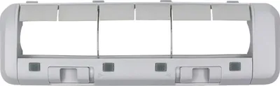 A close-up, front-facing view of a gray and white vacuum cleaner brush cover against a white background.