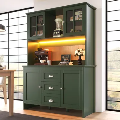 Produktbild von Retro Küchenschrank 120x40x179 cm in Grün, Hochschrank mit Glasvitrine & App-LED-Beleuchtung, Buffetbeistellschrank mit verstellbaren Füßen