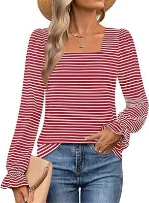 Image de ASKSA Femme T-shirt manches longues rayé encolure carrée manches bouffantes Automne Elégant Tunique décontractée Hauts (Rouge,XXL)
