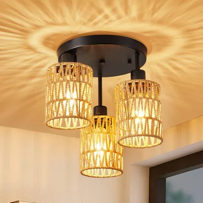 Produktbild von Deckenlampe Boho Vintage Deckenleuchte E27 3-Flammige Pendelleuchte mit Rattan Lampenschirm für Wohnzimmer, Schlafzimmer, Küche, Flur
