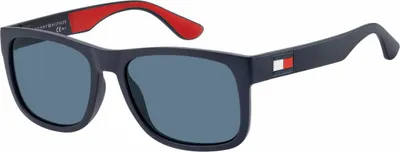 A pair of blue Tommy Hilfiger sunglasses with red accents on the arms, shown against a white background.