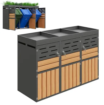Produktbild von Multifunktionaler Gartenschrank mit Pflanzkasten, abschließbar, wetterfest, Metall, Lamellenbelüftung, Outdoor Stauraum für Garten, Terrasse, 199 cm