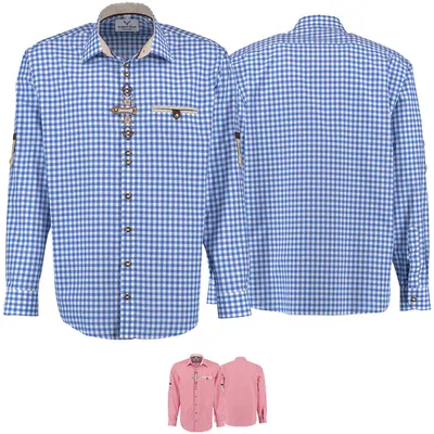 Produktbild von Trachtenhemd Langarm krempelarm bestickt karriert verziert Hemd mit Stickerei karo Regular fit, Farbe:Dunkelblau, Größe:3XL