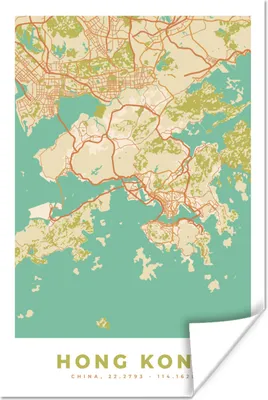 Produktbild von MuchoWow® Poster Karte - Hongkong - Stadtplan - Vintage - Karte 120x180 cm - Kunstposter