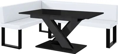 Produktbild von MEBLINI Eckbank für Esszimmer mit ausziehbarem Tisch  - Küchenbank - Essecke - Sitzecke Küche - TONI - U-Beine 142x196x87cm Links - Weiß Kunstleder/B Schwarz Hochgl.