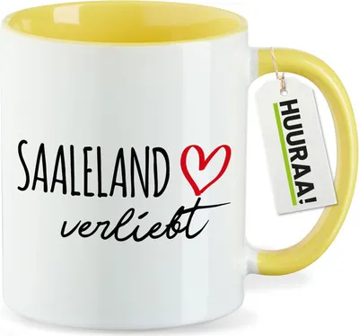 Produktbild von Huuraa Kaffeetasse Saaleland verliebt 330ml Gelb Keramik Kaffeebecher Geschenkidee