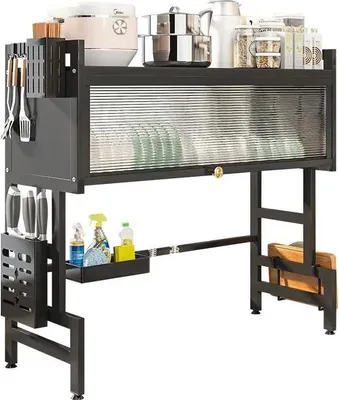Produktbild von Geschirrabtropfgestell über der Spüle - Abtropfregal - 85 cm - Mit Abdeckung - 2-stöckig - Selbstablaufend - Verstellbar - Kohlenstoffstahl - Schwarz