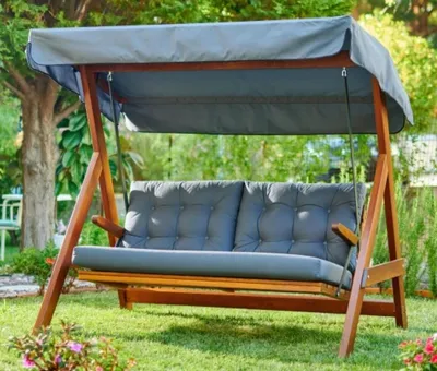 Produktbild von Casa Padrino Luxus Hollywood Schaukel Blau / Braun - Wetterfeste Garten Schaukel mit Sonnendach - Terrassen Möbel - Garten Möbel - Luxus Möbel - Luxus Garten Einrichtung