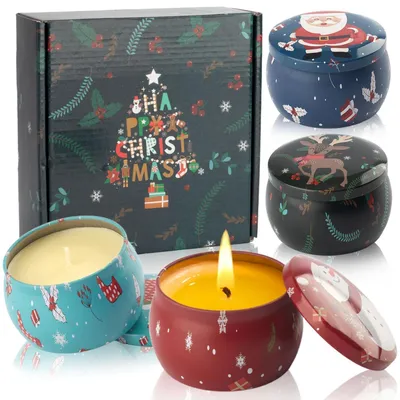 Image de Coffret cadeau de bougies parfumées, 4 pièces, parfum de Noël, cire de soja, mèches en coton, durée de combustion : 25 à 30 heures par bougie