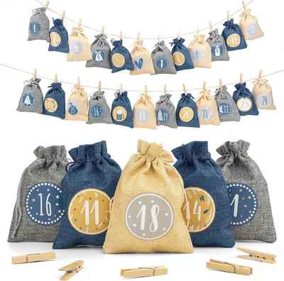 Produktbild von Adventskalender zum Selbstbefüllen, 24 Stück. Weihnachtskalender 2025. Jutebeutel, 15 x 12 cm groß – Weihnachtsdekorationsbeutel