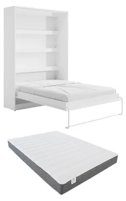 Produktbild von Klappbares Kleiderschrankbett 140 × 200 cm - Manuelle vertikale Öffnung - LED-Beleuchtung - Weiß + Matratze - RAPILI