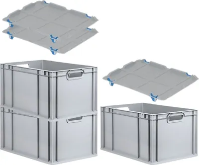 Produktbild von SuperSparSet 3x Eurobox NextGen Grip mit Auflagedeckel inkl. 4 blauen Schiebeschnappverschlüssen | HxBxT 32x40x60cm | 65 Liter | Grau | Griffe offen | Verstärkter Boden | Eurobehälter, Transportbox, Transportbehälter, Stapelbehälter